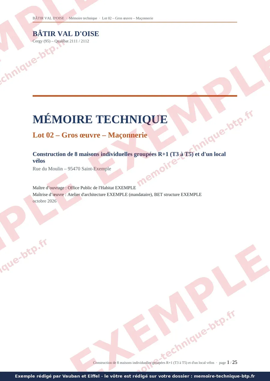 Page de garde d’un exemple de mémoire technique lot gros œuvre